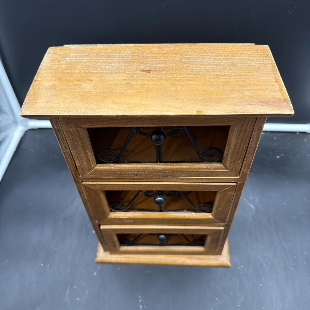 VTG Wood Small Counter Top 3 Drawer Storage Caddy Iron Scroll Drawers Grannycore